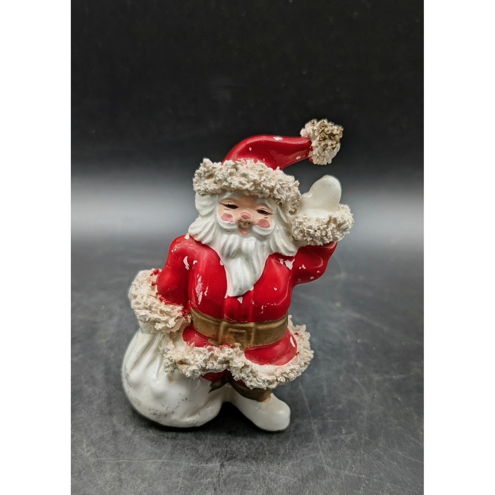 Vintage Ceramic Santa Claus Figurine Spaghetti Trim Red White Waving 4 inch
